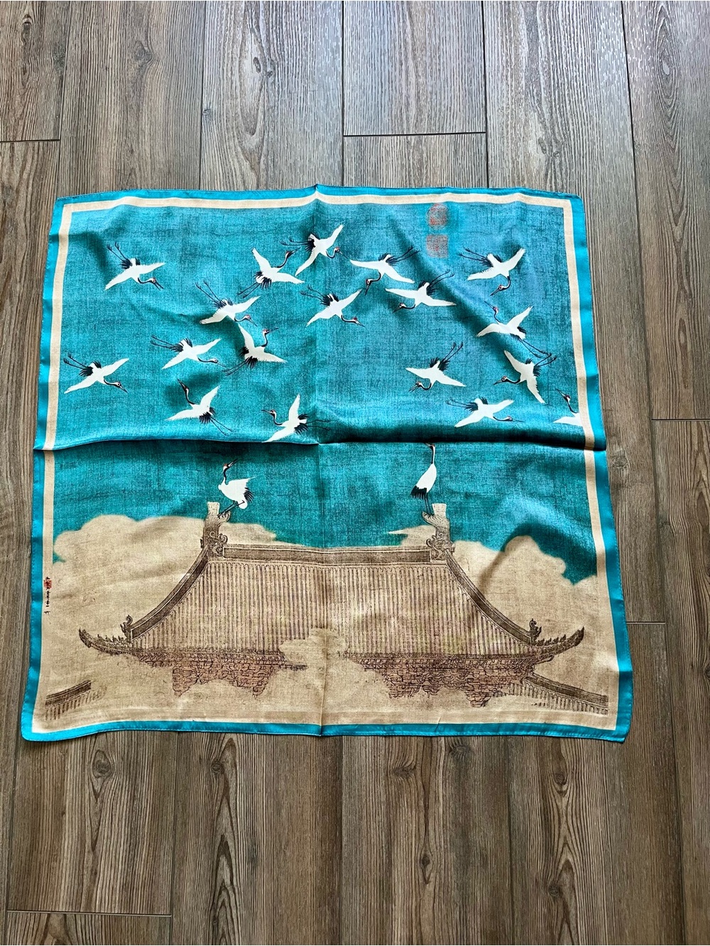 100% silk Teal Silk Scarf with White Crane Motif